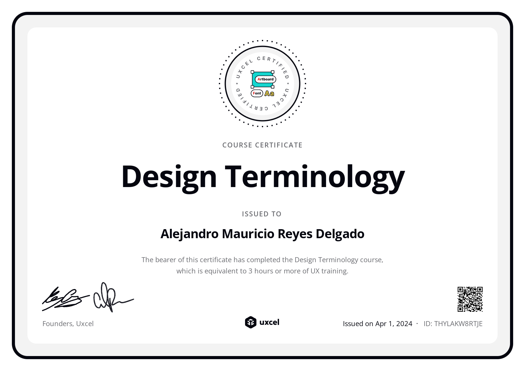 Alejandro Mauricio Reyes Delgado's certificate